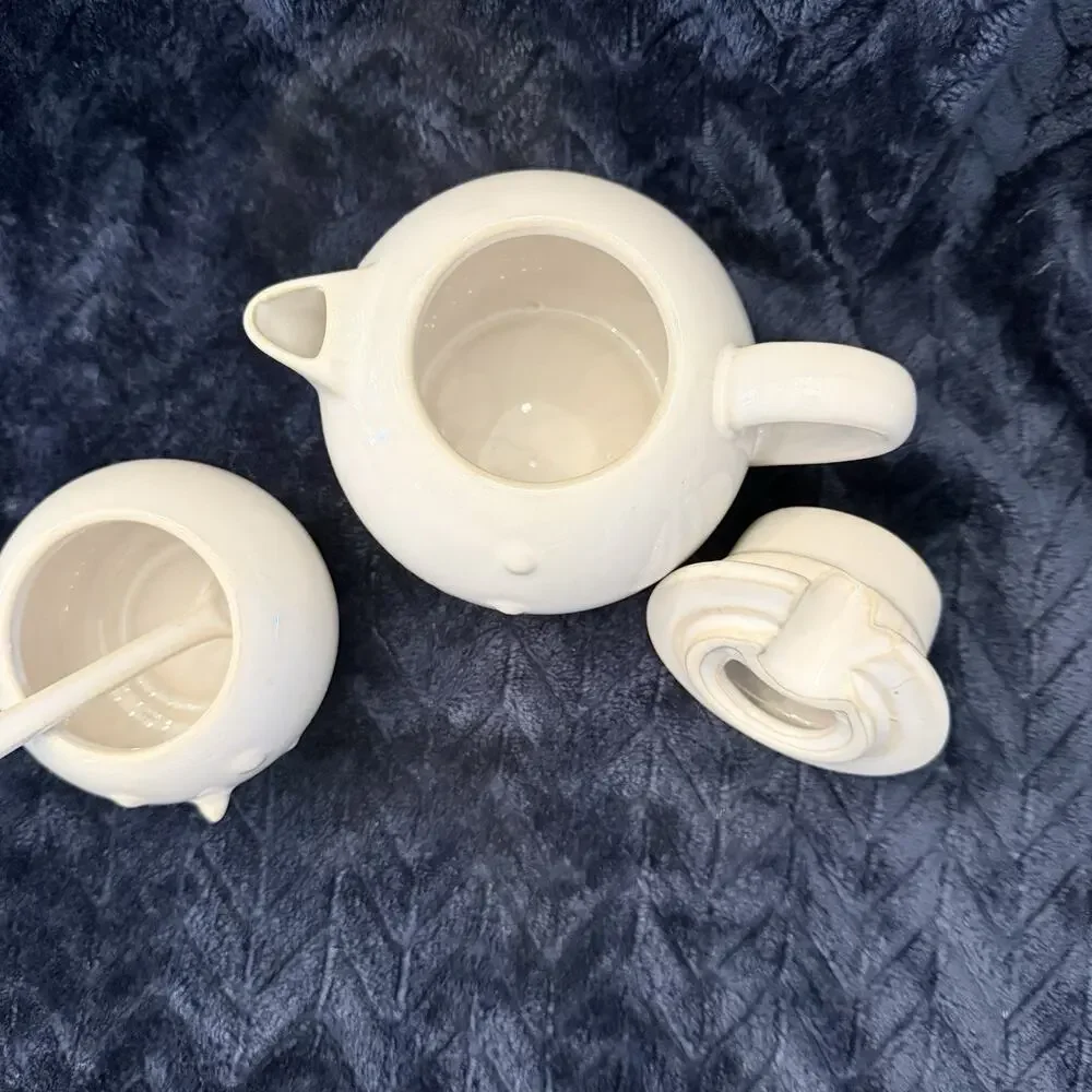 Pottery Barn Snowman Tea Set With Spoon Stackable VINTAGE. Winter